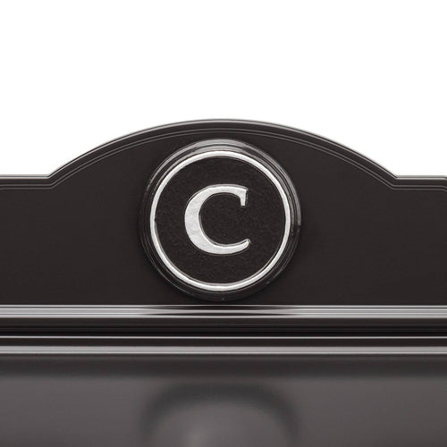Handcrafted black and silver wall mount mailbox featuring a raised letter C monogram, enhancing curb appeal with elegant personalization, part of USA Made and Home & Decor collections.