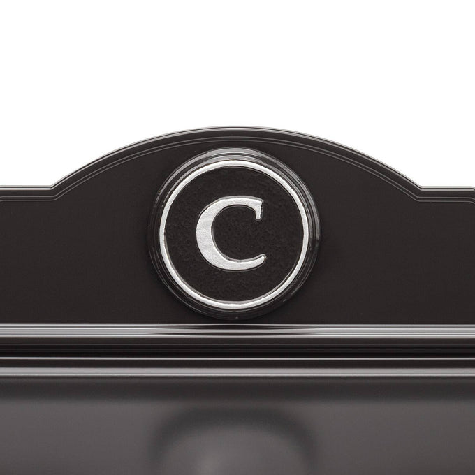Handcrafted black and silver wall mount mailbox featuring a raised letter C monogram, enhancing curb appeal with elegant personalization, part of USA Made and Home & Decor collections.