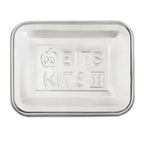 Rectangular stainless steel snack container lid embossed with playful apple and dice designs, suitable for Kitchen & Food, Storage and Serving, Best Sellers, and Promo Eligible collections.