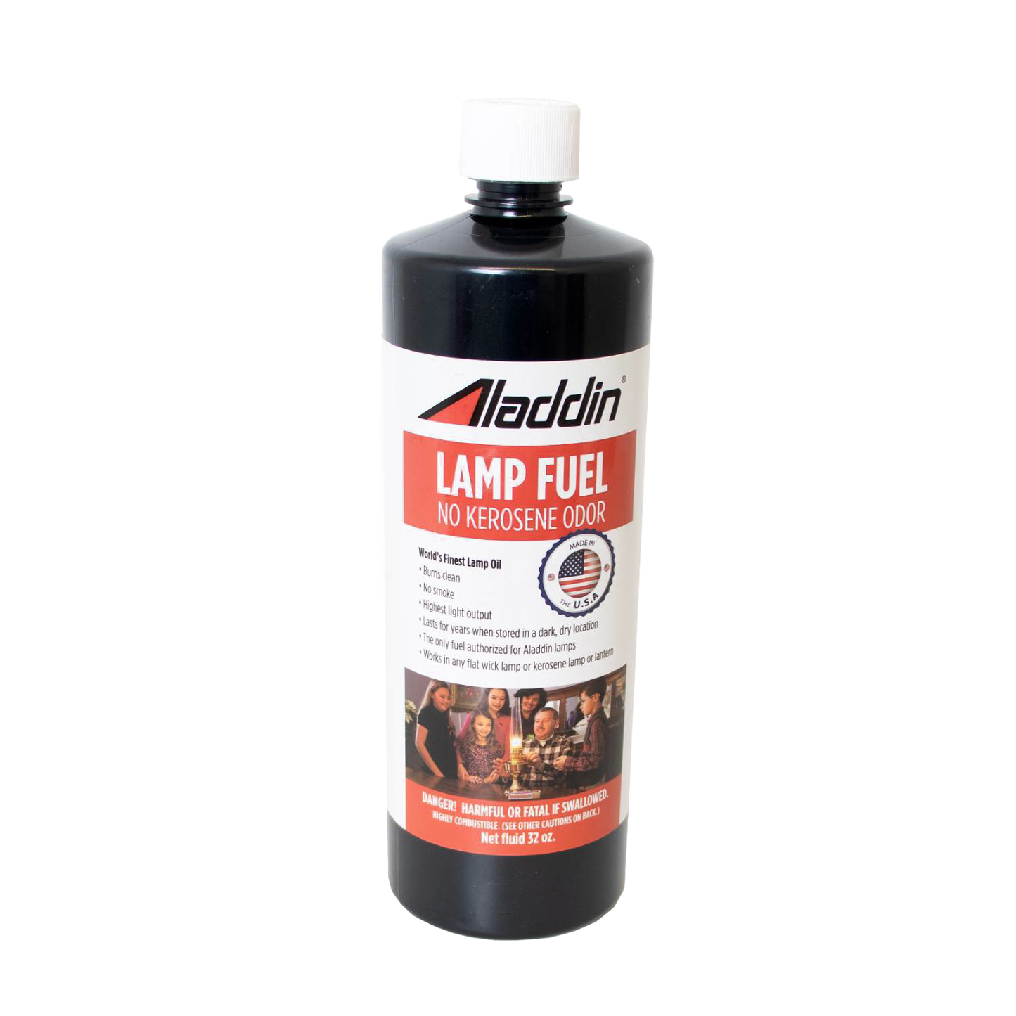 Black 32 oz bottle of genuine Aladdin lamp fuel with red and white label highlighting no kerosene odor, designed for clean burning and long wick life, suitable for Lamps & Lighting and Lamp and Lantern Fuel collections.