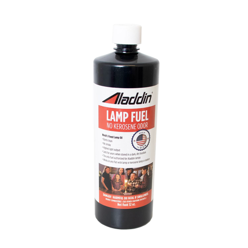 Black 32 oz bottle of genuine Aladdin lamp fuel with red and white label highlighting no kerosene odor, designed for clean burning and long wick life, suitable for Lamps & Lighting and Lamp and Lantern Fuel collections.