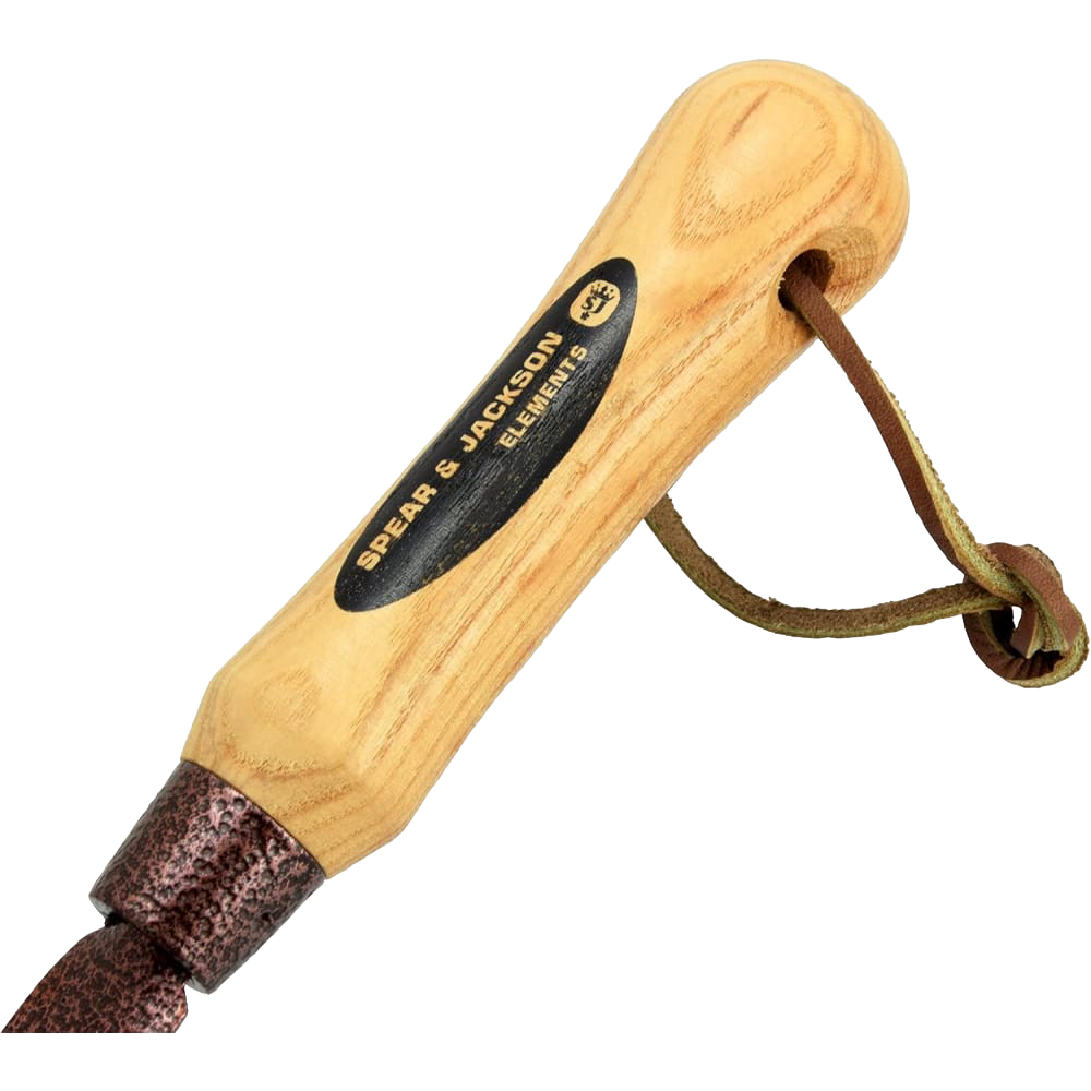 Handcrafted Spear & Jackson weeding tool with smooth natural wood handle featuring a leather loop and hammer-finished powder-coated metal head, ideal for Farm, Garden & Tool and Lawncare collections.