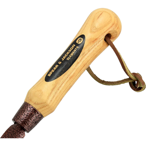 Handcrafted Spear & Jackson weeding tool with smooth natural wood handle featuring a leather loop and hammer-finished powder-coated metal head, ideal for Farm, Garden & Tool and Lawncare collections.