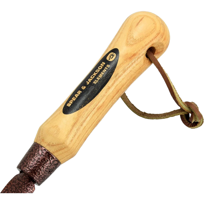 Handcrafted Spear & Jackson weeding tool with smooth natural wood handle featuring a leather loop and hammer-finished powder-coated metal head, ideal for Farm, Garden & Tool and Lawncare collections.