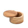 Handcrafted acacia wood salt cellar with a swivel lid, designed to keep salt dry and accessible, perfect for Kitchen & Food and Storage and Serving collections.