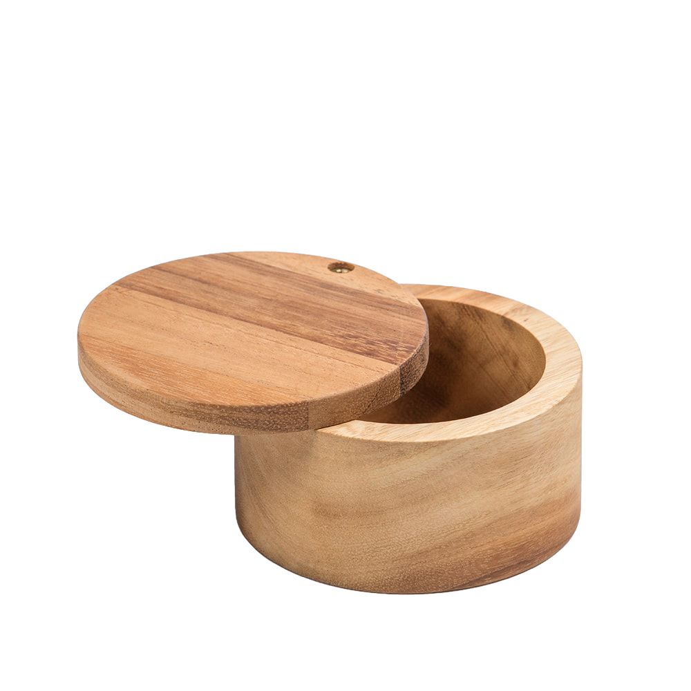 Handcrafted acacia wood salt cellar with a swivel lid, designed to keep salt dry and accessible, perfect for Kitchen & Food and Storage and Serving collections.