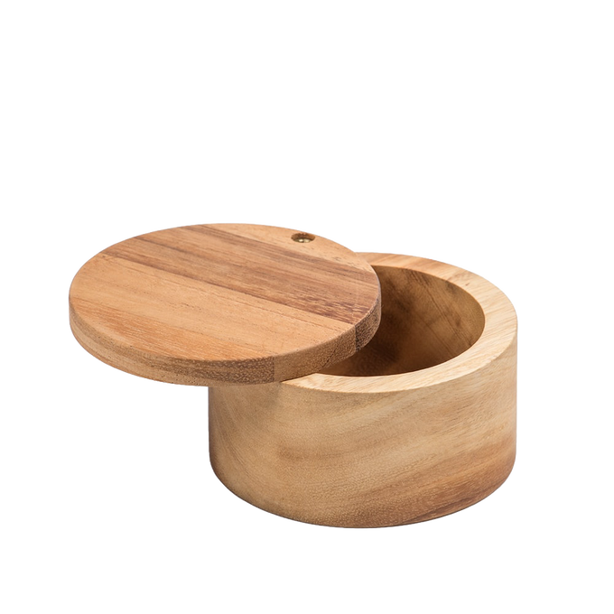 Handcrafted acacia wood salt cellar with a swivel lid, designed to keep salt dry and accessible, perfect for Kitchen & Food and Storage and Serving collections.