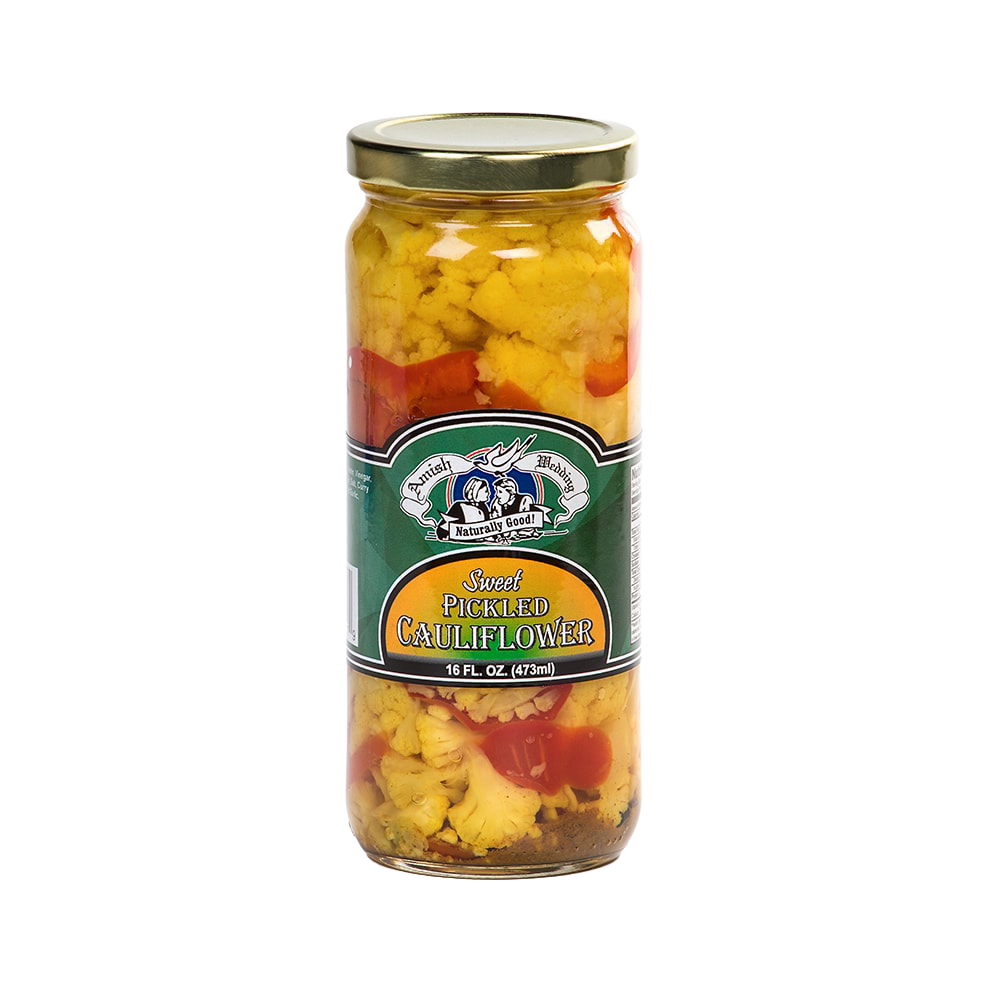 Handcrafted jar of sweet pickled cauliflower with red bell peppers and spices, made in USA, perfect addition to Kitchen & Food, Pantry, and Best Sellers collections.