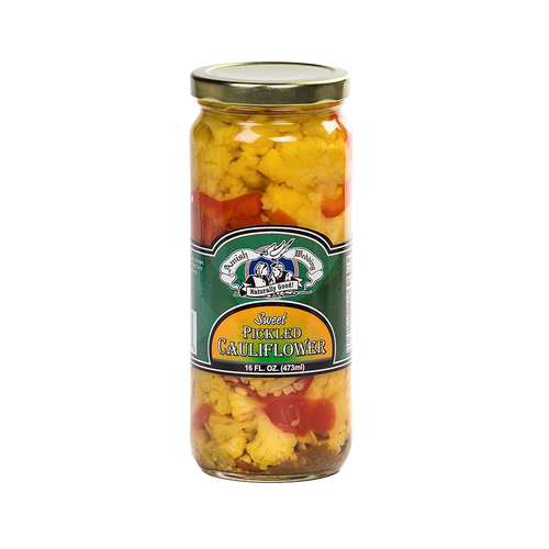 Handcrafted jar of sweet pickled cauliflower with red bell peppers and spices, made in USA, perfect addition to Kitchen & Food, Pantry, and Best Sellers collections.