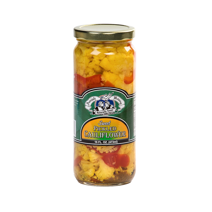Handcrafted jar of sweet pickled cauliflower with red bell peppers and spices, made in USA, perfect addition to Kitchen & Food, Pantry, and Best Sellers collections.