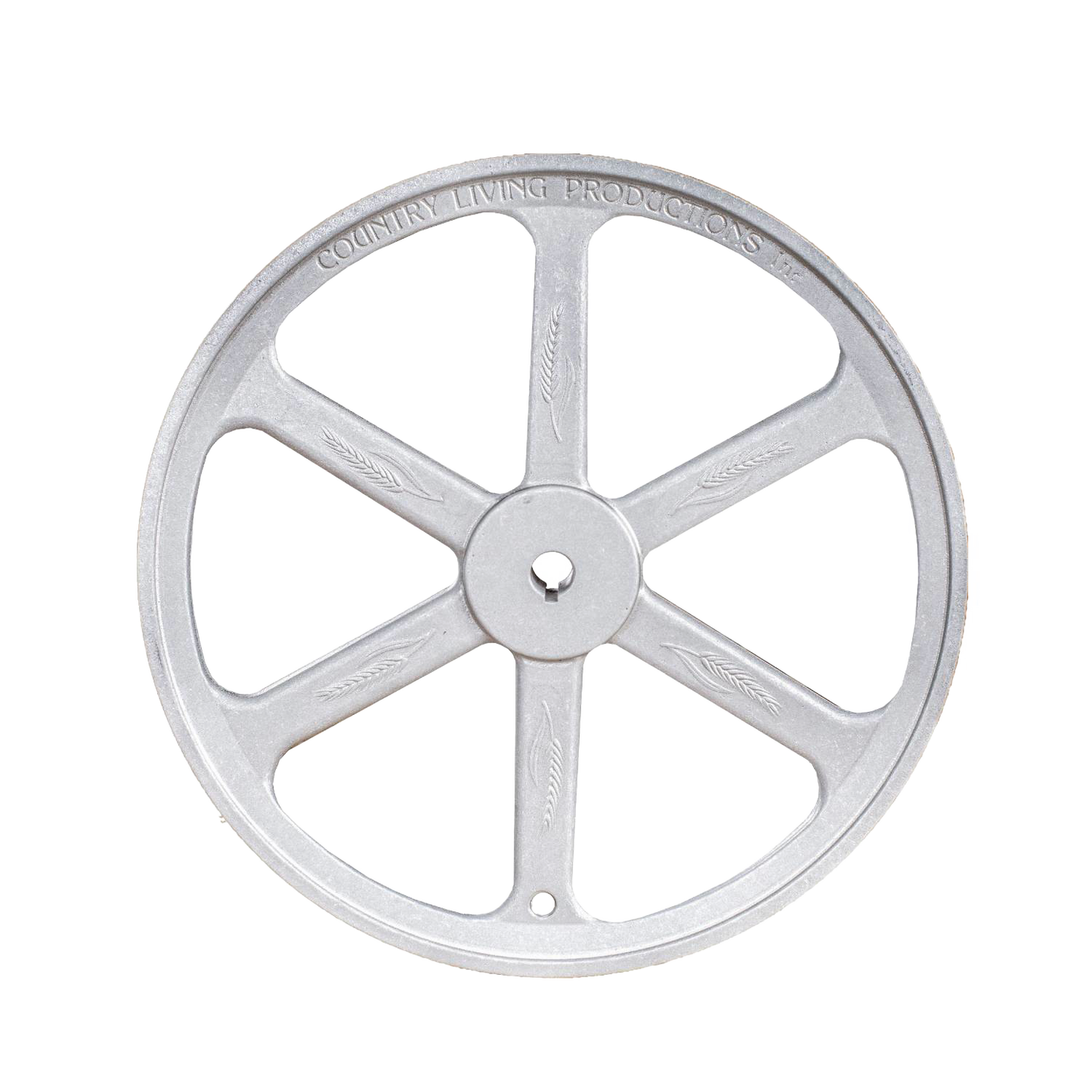 Aircraft aluminum 12-inch flywheel with six spokes and embossed lettering, designed as a replacement or upgrade part for grain mills in Farm, Garden & Tool and Kitchen & Food collections.