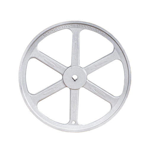 Aircraft aluminum 12-inch flywheel with six spokes and embossed lettering, designed as a replacement or upgrade part for grain mills in Farm, Garden & Tool and Kitchen & Food collections.
