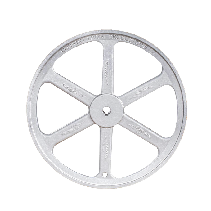 Aircraft aluminum 12-inch flywheel with six spokes and embossed lettering, designed as a replacement or upgrade part for grain mills in Farm, Garden & Tool and Kitchen & Food collections.