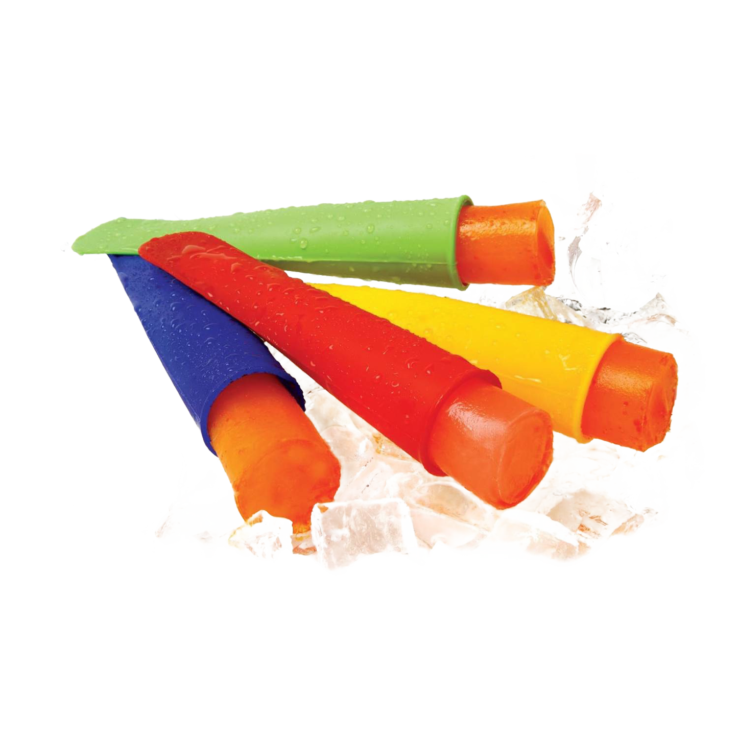 Set of four flexible, reusable silicone ice pop makers in yellow, red, blue, and green with slim, space-saving design resting on crushed ice, ideal for Kitchen & Food, Kitchen Gadgets, and Best Sellers collections.