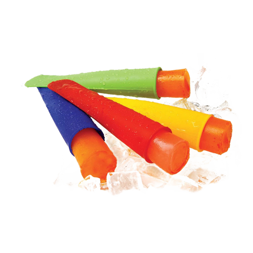 Set of four flexible, reusable silicone ice pop makers in yellow, red, blue, and green with slim, space-saving design resting on crushed ice, ideal for Kitchen & Food, Kitchen Gadgets, and Best Sellers collections.