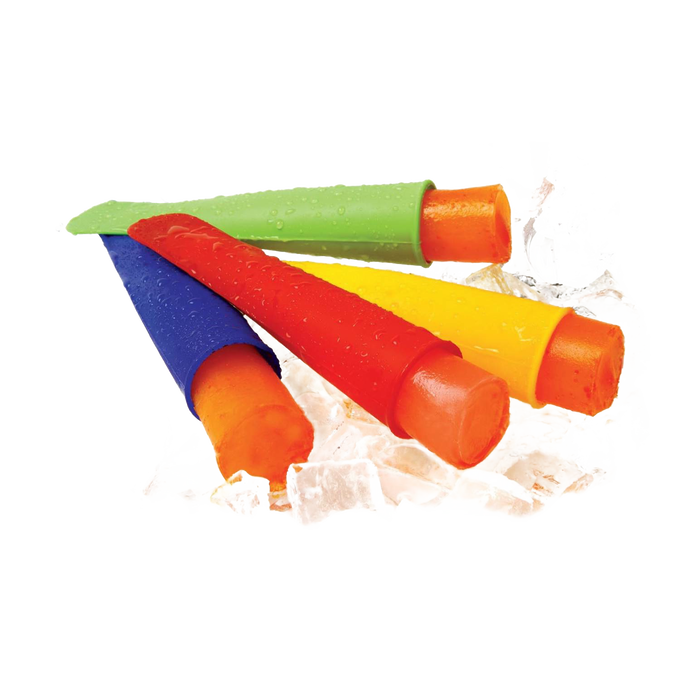 Set of four flexible, reusable silicone ice pop makers in yellow, red, blue, and green with slim, space-saving design resting on crushed ice, ideal for Kitchen & Food, Kitchen Gadgets, and Best Sellers collections.