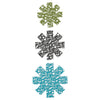 Set of three flower-shaped flexible felt pan protectors in green, black, and blue with cooking-related printed words, designed to cushion pots and pans in Kitchen & Food and Cookware collections.