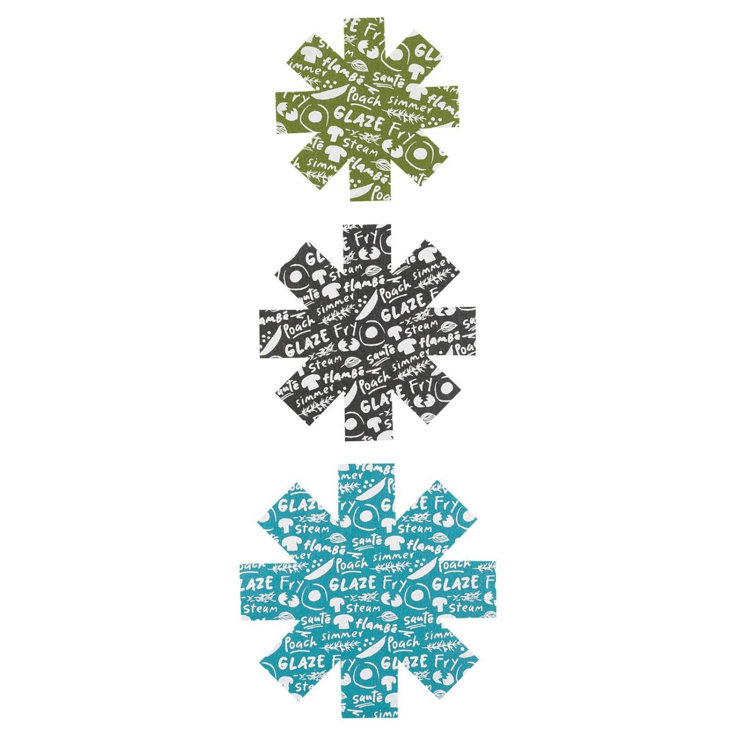 Set of three flower-shaped flexible felt pan protectors in green, black, and blue with cooking-related printed words, designed to cushion pots and pans in Kitchen & Food and Cookware collections.