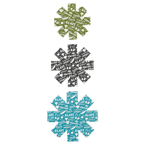 Set of three flower-shaped flexible felt pan protectors in green, black, and blue with cooking-related printed words, designed to cushion pots and pans in Kitchen & Food and Cookware collections.