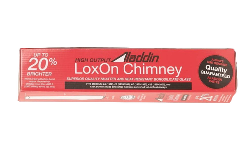 Red rectangular box packaging for Aladdin LoxOn chimney made from borosilicate glass with labels highlighting 20% brighter light output and guaranteed quality, suited for Lamps & Lighting, Parts and Accessories, Chimneys and Globes, Best Sellers, and Promo Eligible collections.