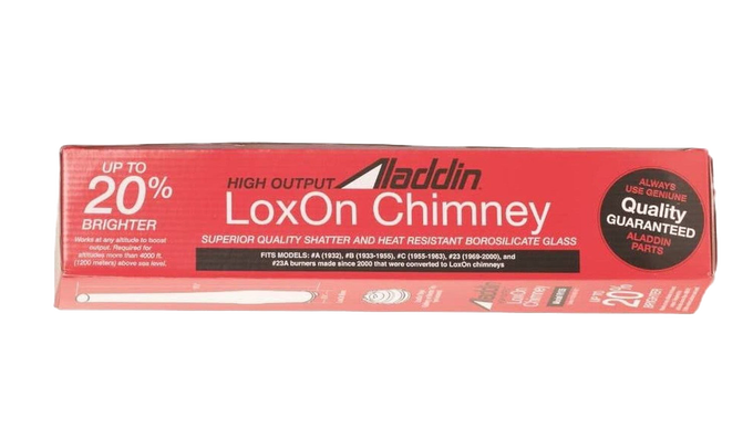 Red rectangular box packaging for Aladdin LoxOn chimney made from borosilicate glass with labels highlighting 20% brighter light output and guaranteed quality, suited for Lamps & Lighting, Parts and Accessories, Chimneys and Globes, Best Sellers, and Promo Eligible collections.