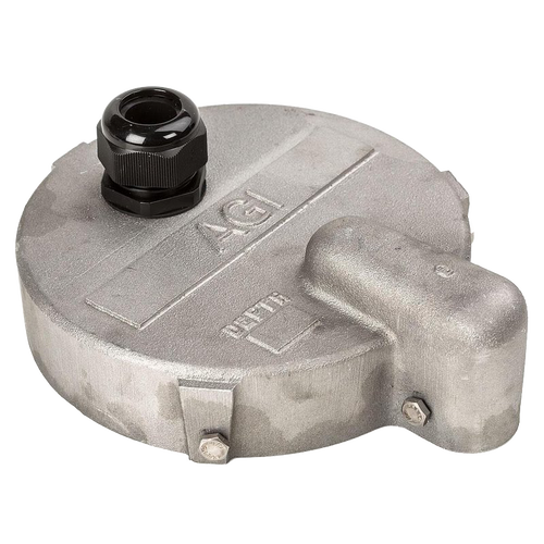 Aluminum well cap with a center access hole and nylon gripper, designed for standard 6-inch casings, serving as a durable pump mount in USA Made water pump and appliance collections.