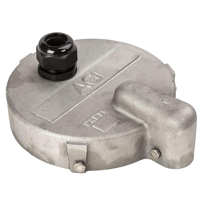 Aluminum well cap with a center access hole and nylon gripper, designed for standard 6-inch casings, serving as a durable pump mount in USA Made water pump and appliance collections.