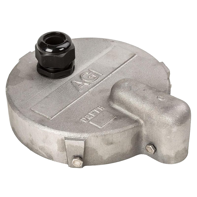 Aluminum well cap with a center access hole and nylon gripper, designed for standard 6-inch casings, serving as a durable pump mount in USA Made water pump and appliance collections.