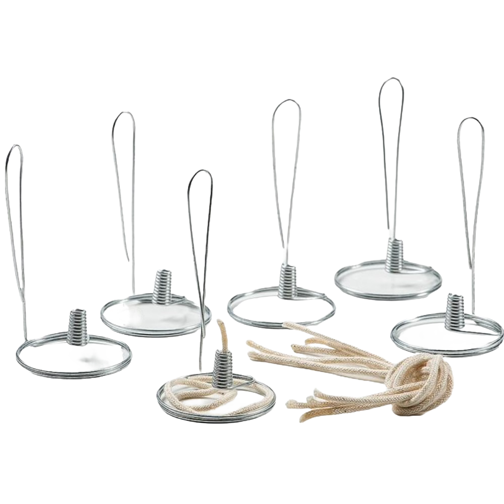 Set of six handcrafted steel olive oil lamp parts with braided cotton wicks, designed for pint jars, featured in USA Made and Lamps & Lighting collections.