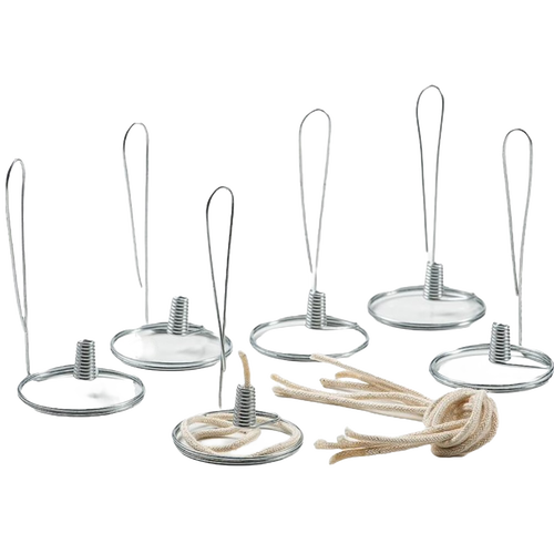 Set of six handcrafted steel olive oil lamp parts with braided cotton wicks, designed for pint jars, featured in USA Made and Lamps & Lighting collections.
