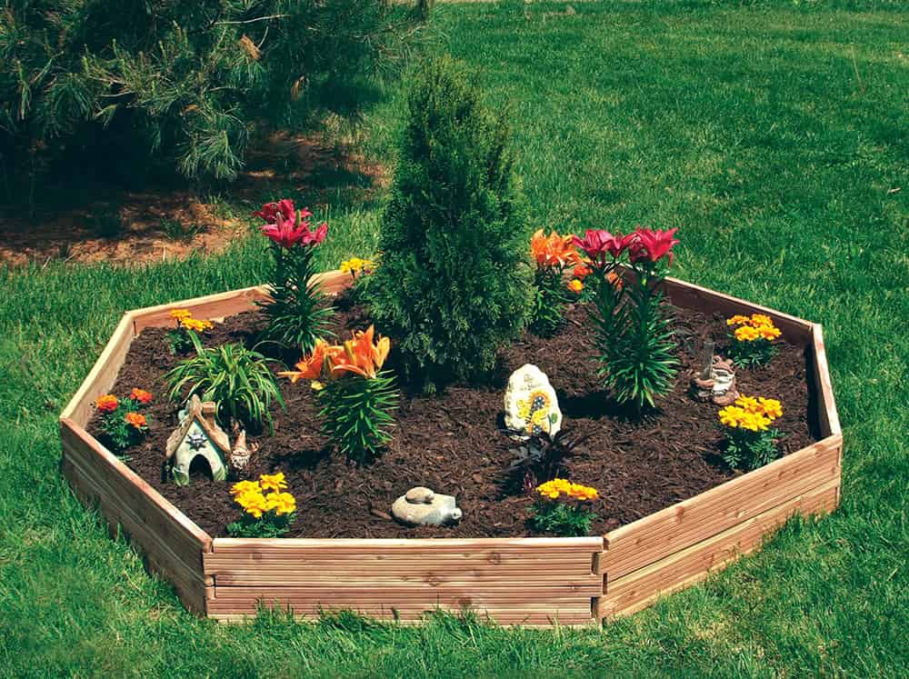 Handcrafted cedar garden bed kit assembled in an octagonal shape, planted with vibrant flowers and greenery, highlighting USA made quality for Farm, Garden & Tool collections.