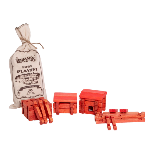 Handcrafted wooden log building set with 70 red-stained pieces and reusable fabric bag, designed for imaginative indoor play, made in USA, featured in Children's Toys and Wooden Toys collections.