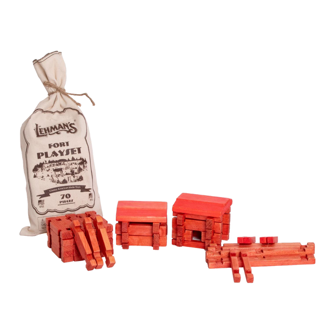 Handcrafted wooden log building set with 70 red-stained pieces and reusable fabric bag, designed for imaginative indoor play, made in USA, featured in Children's Toys and Wooden Toys collections.
