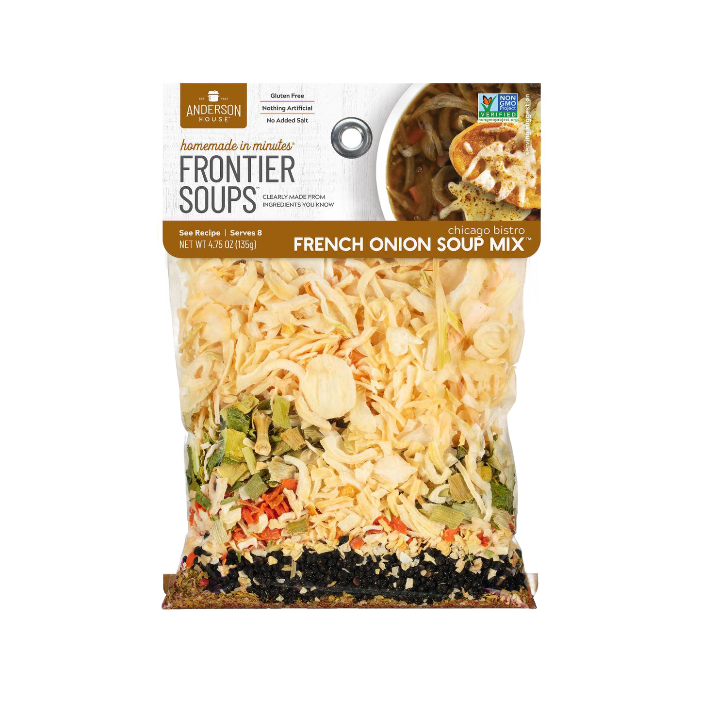 Clear bag of handcrafted gluten-free soup mix featuring natural dried onions, herbs, and spices for a rich French onion flavor; included in Kitchen & Food, Pantry, Dry Goods and Mixes, Soups, Best Sellers, and Promo Eligible collections.
