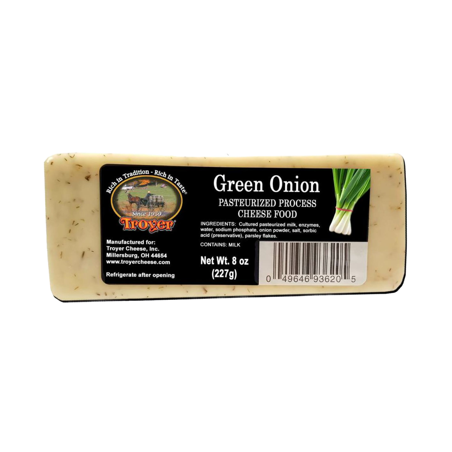 Handcrafted shelf-stable green onion flavored pasteurized cheese food block, 8 ounces, made in USA, perfect for Kitchen & Food, Snacks and Sweets, Pantry, USA Made, Best Sellers, and Promo Eligible collections.