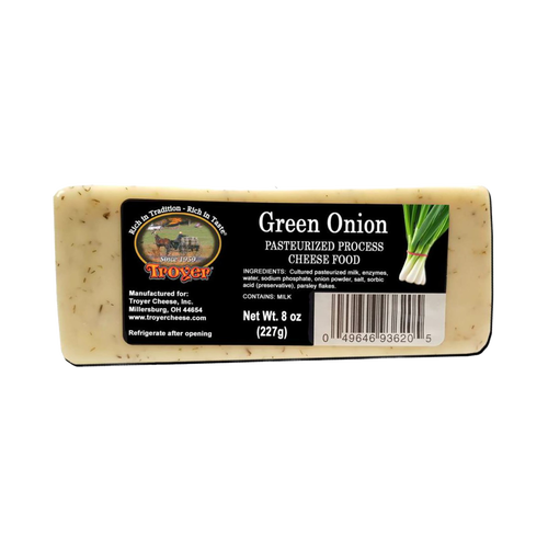 Handcrafted shelf-stable green onion flavored pasteurized cheese food block, 8 ounces, made in USA, perfect for Kitchen & Food, Snacks and Sweets, Pantry, USA Made, Best Sellers, and Promo Eligible collections.