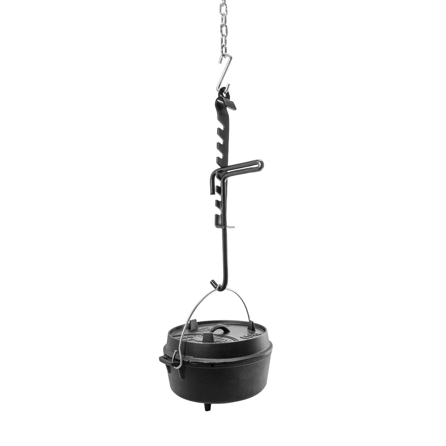 Coated steel adjustable trammel hook suspending a cast iron pot over a campfire setup, part of Farm, Garden & Tool and Camping collections for outdoor cooking control.