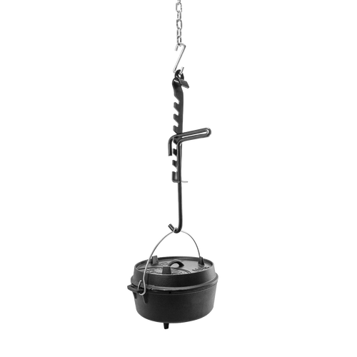 Coated steel adjustable trammel hook suspending a cast iron pot over a campfire setup, part of Farm, Garden & Tool and Camping collections for outdoor cooking control.