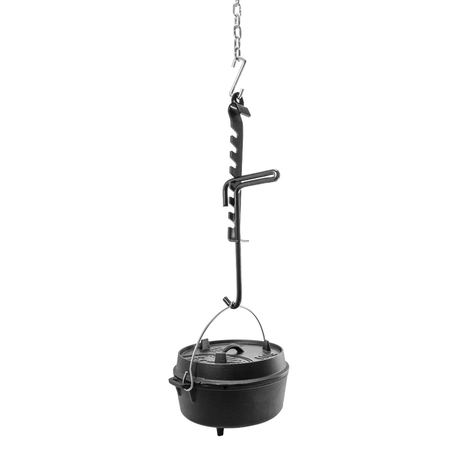 Coated steel adjustable trammel hook suspending a cast iron pot over a campfire setup, part of Farm, Garden & Tool and Camping collections for outdoor cooking control.