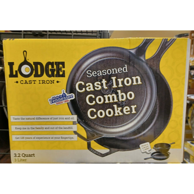 Handcrafted cast iron combo cooker set featuring a 3.2-quart skillet and lid, seasoned and made in USA, ideal for Kitchen & Food, Cookware, Cast Iron, and Best Sellers collections.
