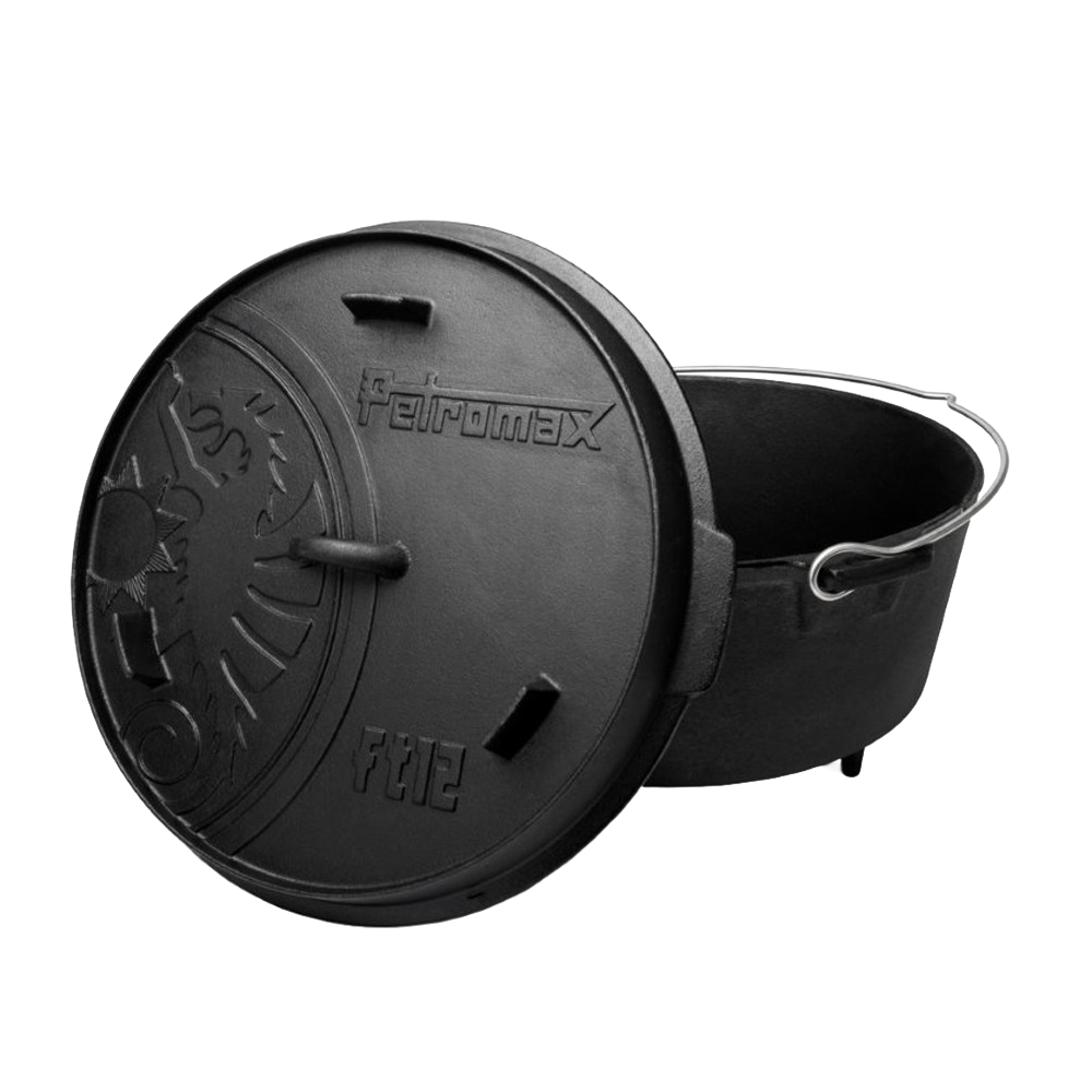 Handcrafted cast iron Dutch oven with three legs, featuring an embossed decorative lid and wire bail handle, perfect for Kitchen & Food, Cookware, Cast Iron, Best Sellers, Promo Eligible collections.