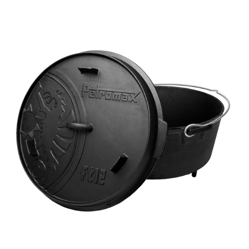 Handcrafted cast iron Dutch oven with three legs, featuring an embossed decorative lid and wire bail handle, perfect for Kitchen & Food, Cookware, Cast Iron, Best Sellers, Promo Eligible collections.