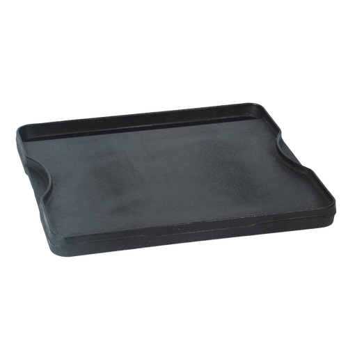 Large pre-seasoned cast iron cooking surface with raised edges and integrated handles, designed for versatile use as grill or griddle, ideal for cooking, camping, and cookware collections.