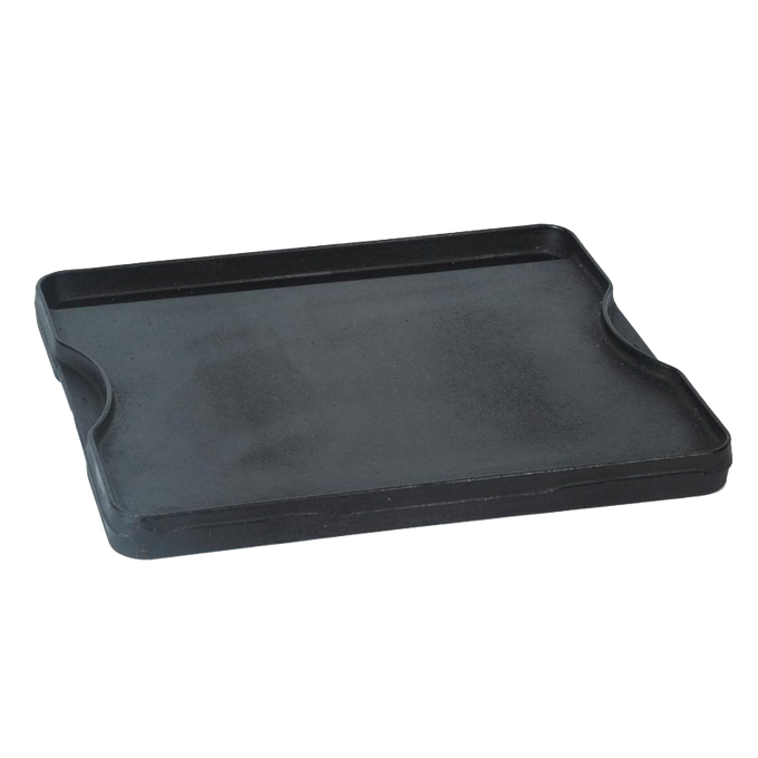 Large pre-seasoned cast iron cooking surface with raised edges and integrated handles, designed for versatile use as grill or griddle, ideal for cooking, camping, and cookware collections.