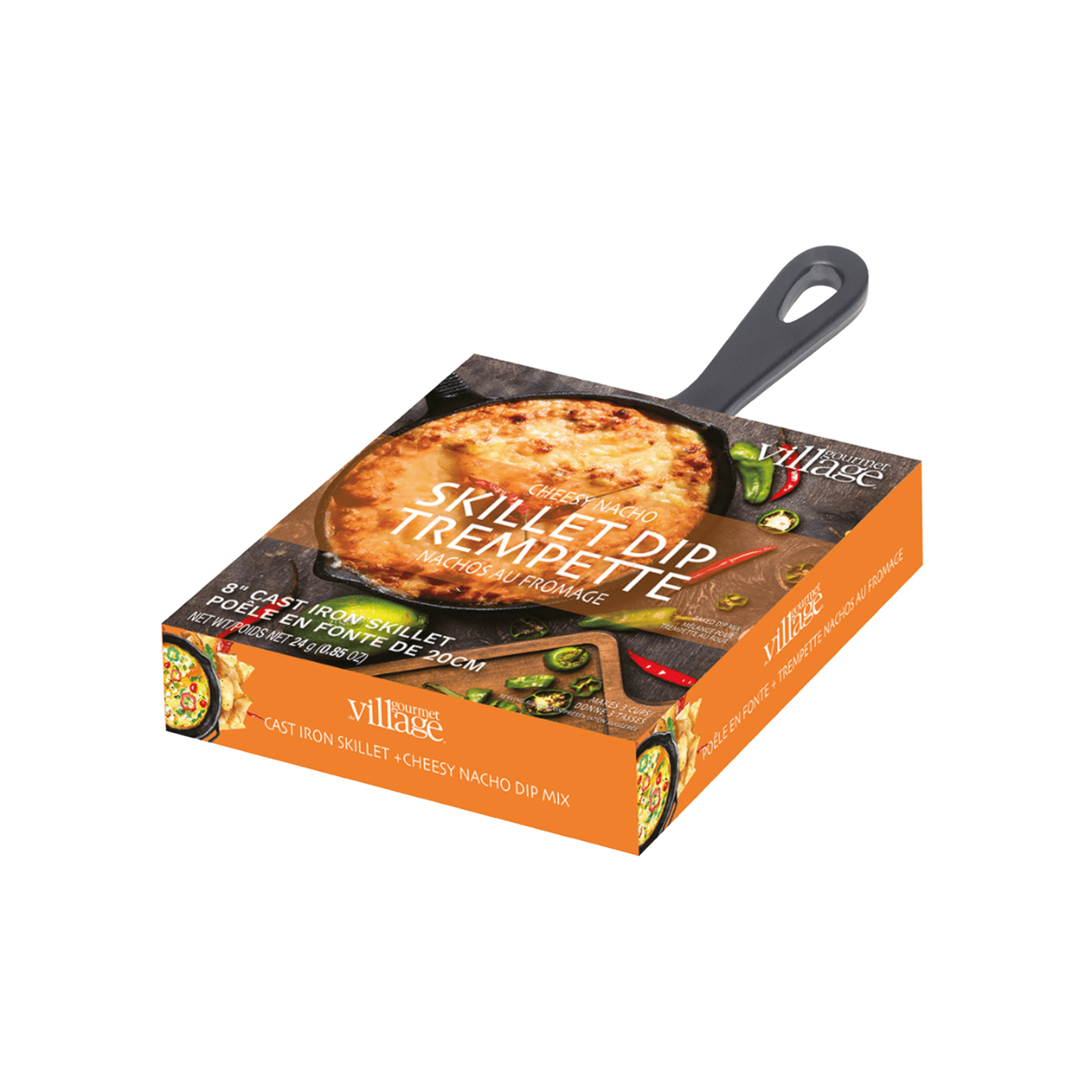 Packaging for a handcrafted cheesy nacho dip mix paired with an 8-inch cast iron skillet, designed for a hot baked dip experience, featured in Kitchen & Food, Food, Dry Goods and Mixes, Best Sellers, Promo Eligible collections.