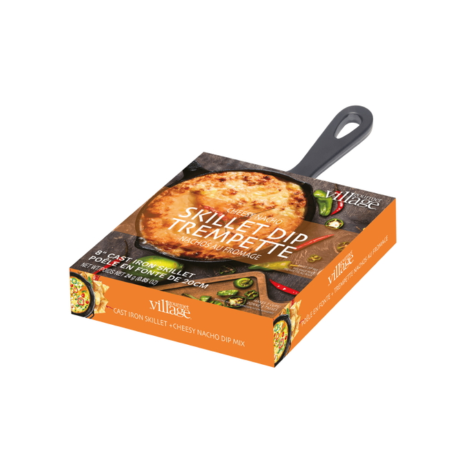 Packaging for a handcrafted cheesy nacho dip mix paired with an 8-inch cast iron skillet, designed for a hot baked dip experience, featured in Kitchen & Food, Food, Dry Goods and Mixes, Best Sellers, Promo Eligible collections.