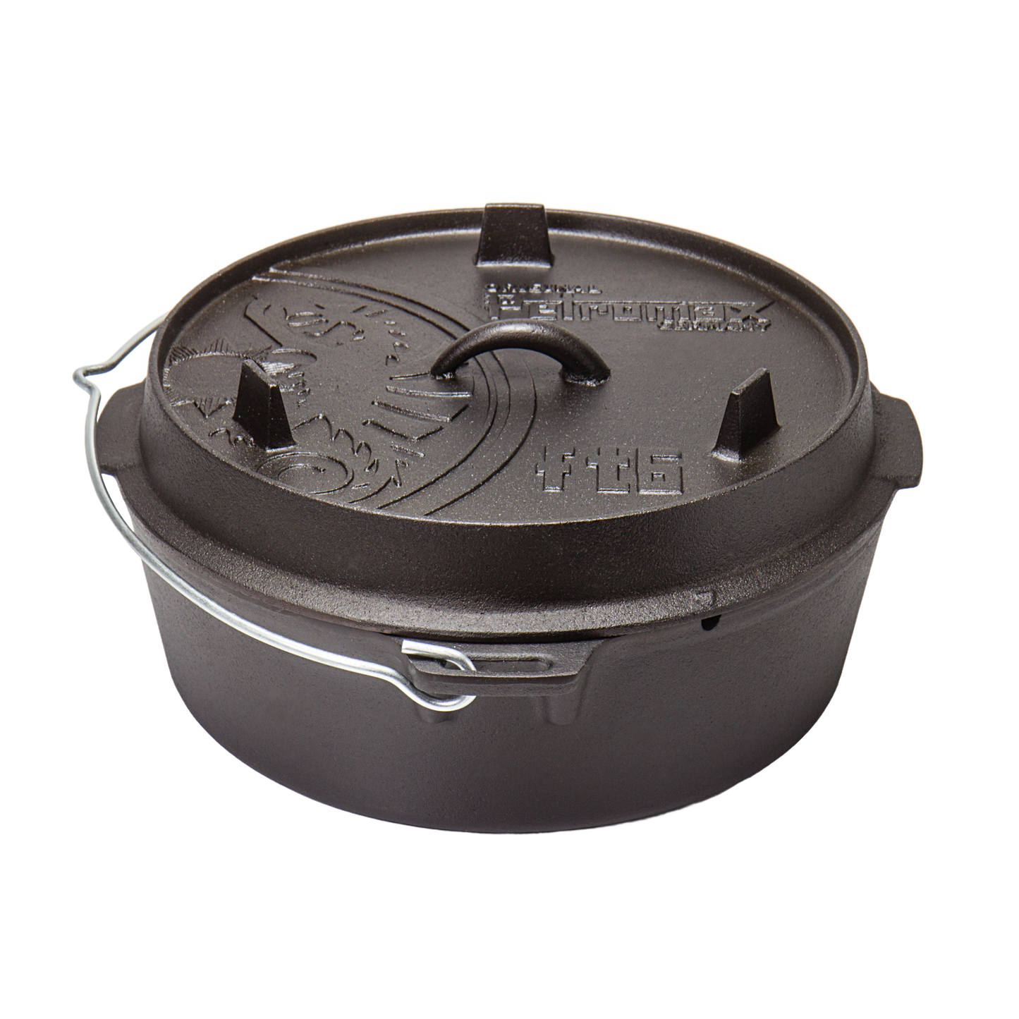 Durable cast iron Dutch oven with flat base, embossed lid featuring a traditional emblem and metal bail handle, designed for versatile outdoor and indoor cooking, ideal for Kitchen & Food, Cookware, Cast Iron, Best Sellers, Promo Eligible collections.