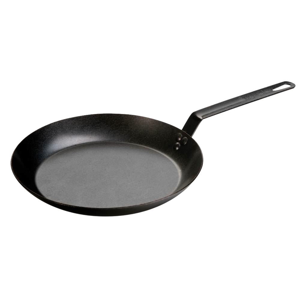Seasoned steel skillet made in USA with long handle and durable 12 gauge carbon steel construction, designed for versatile cooking in Kitchen & Food, Cookware, and Pots and Pans collections.