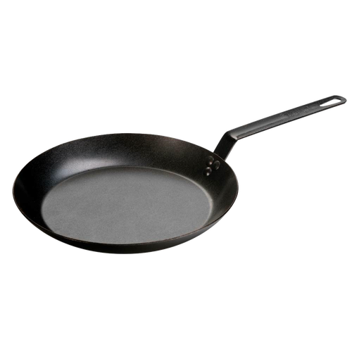 Seasoned steel skillet made in USA with long handle and durable 12 gauge carbon steel construction, designed for versatile cooking in Kitchen & Food, Cookware, and Pots and Pans collections.