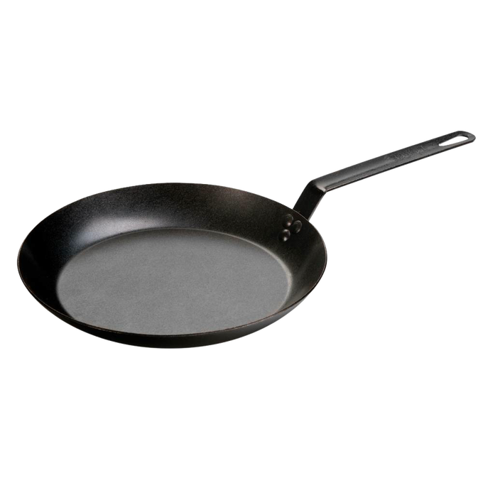 Seasoned steel skillet made in USA with long handle and durable 12 gauge carbon steel construction, designed for versatile cooking in Kitchen & Food, Cookware, and Pots and Pans collections.